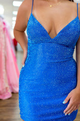 Misshow Sparkly Beaded Royal Blue Spaghetti Straps Tight Short Homecoming Dress/Mini Dress